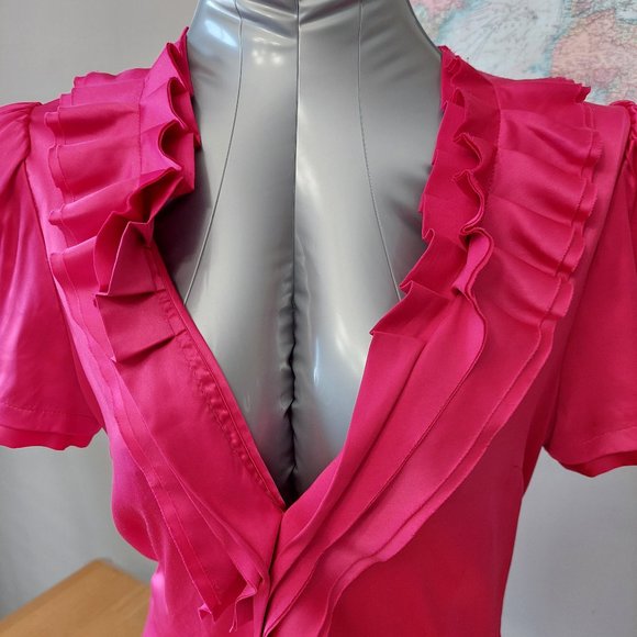 BCBGMAXAZRIA Women ruffle V-neck blouse short sleeve fuchsia side zipper small - Picture 2 of 12